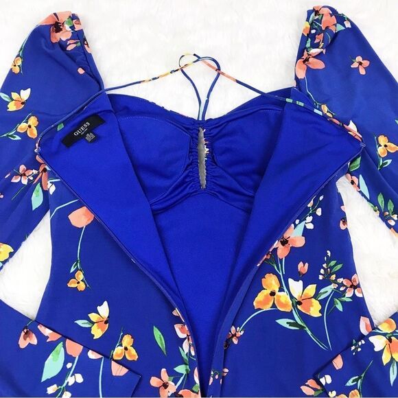 GUESS‎ Blue Floral Cutout Bodycon Dress Long Sleeve Knee Length Slit Size 10 New - Picture 10 of 13